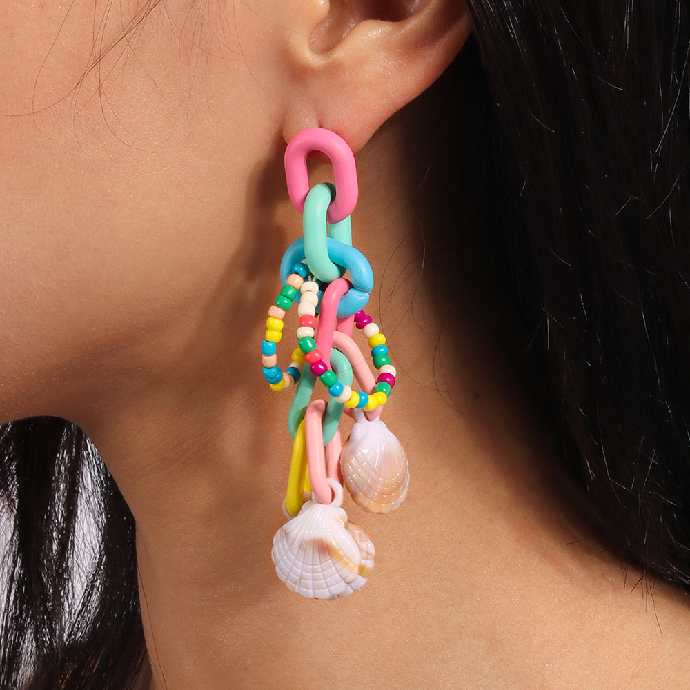 Colorful Beaded Tassel Earrings for Women – Acrylic Geometric Shell Jewelry