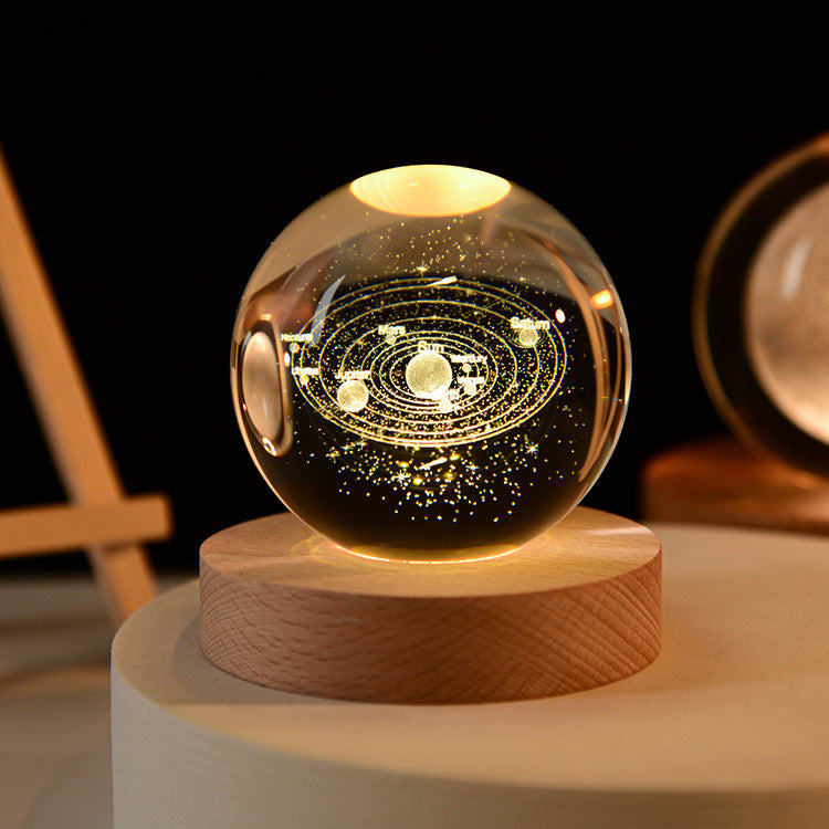 Astronaut Crystal Ball Night Light – 3D Carved Solar System LED Lamp with Wooden Base