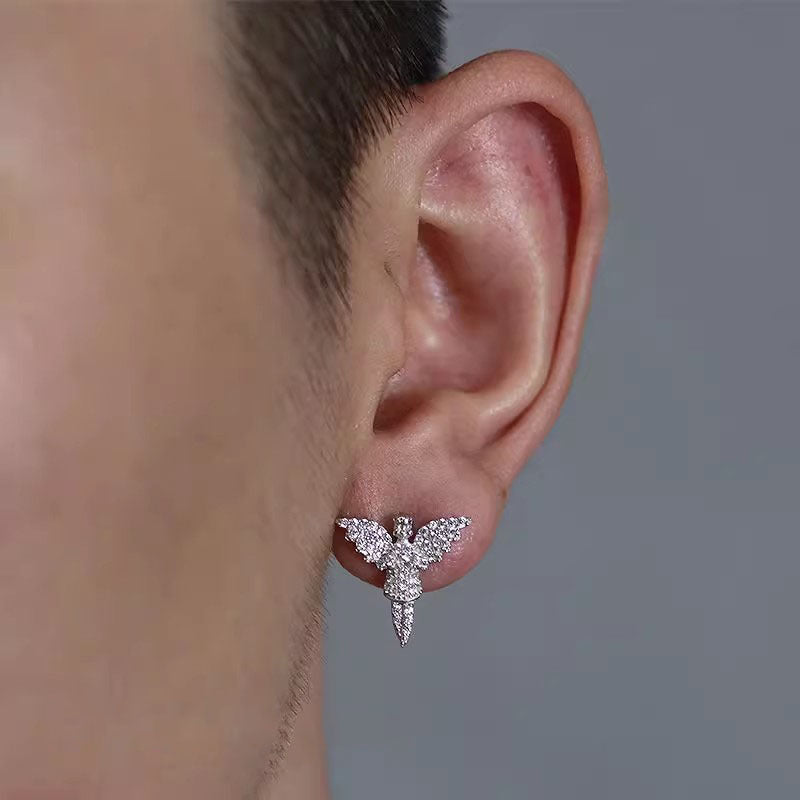 Men's Angel Wing Diamond Earrings, Hip-Hop Style