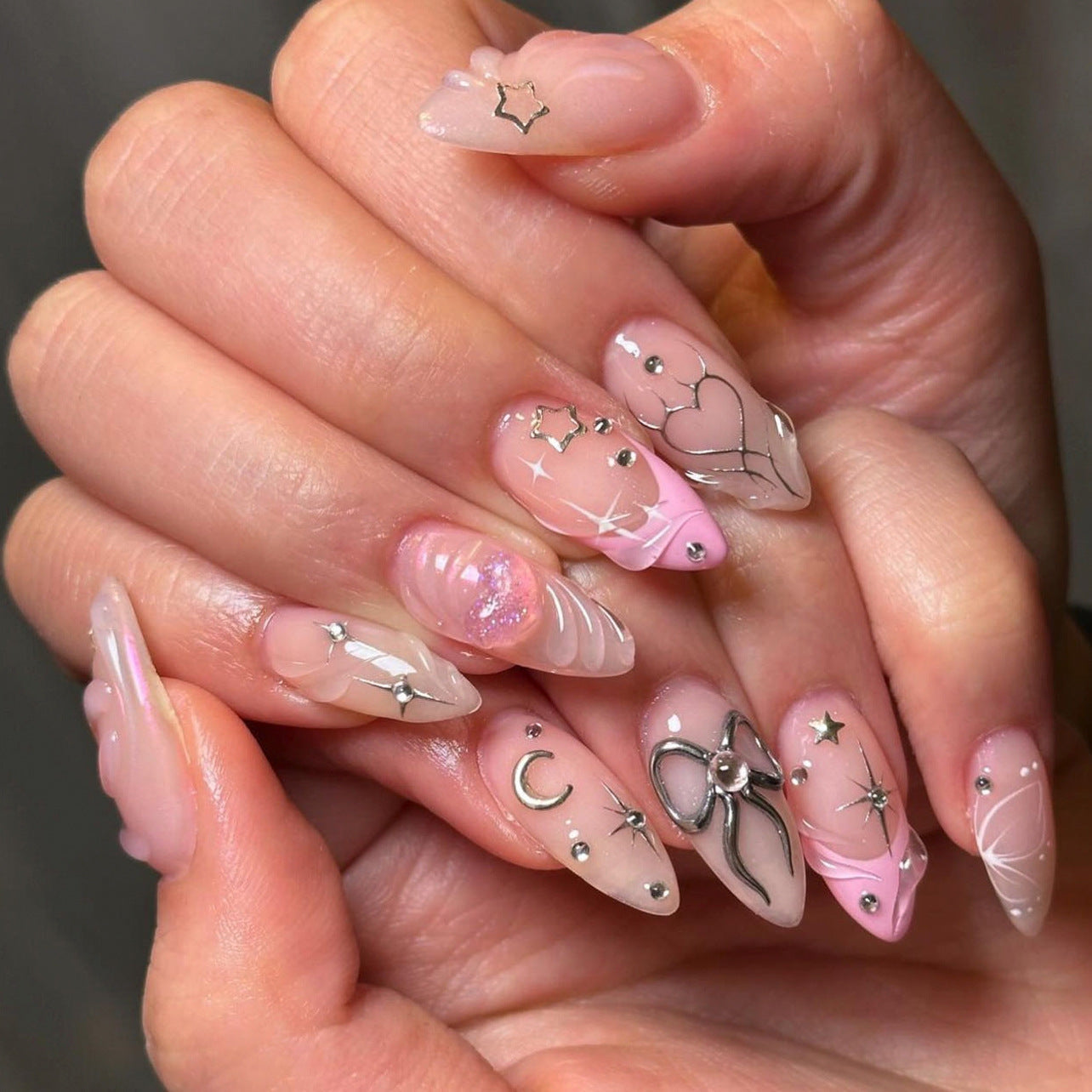 3D Charm Press-On Nails – Pink Almond Glue-On Tips with Celestial Accents