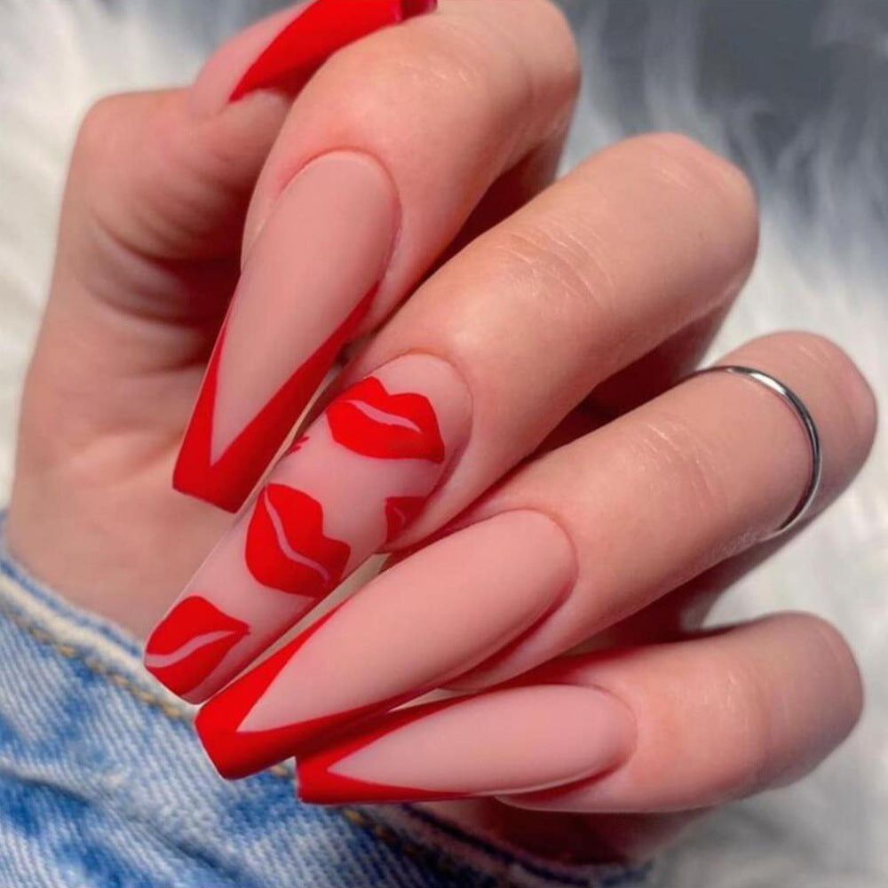 Valentine’s Lips Press-On Nails – Long Matte Finish Stiletto Nude & Red Acrylic Tips