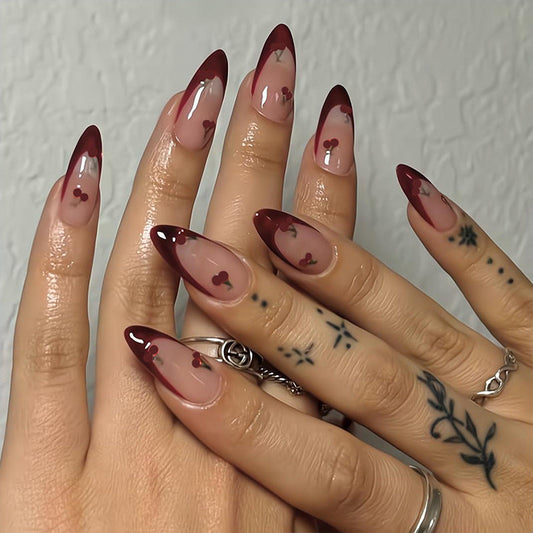 Playful Stiletto Press-On Nails – Nude & Burgundy French Tips with Cherry Design Nails