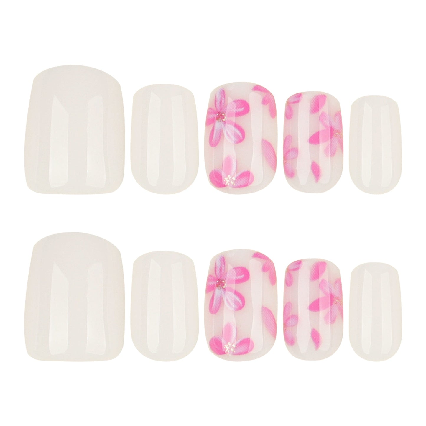 Short Square Floral Press-On Nails – Pink Flower Design, Feminine White