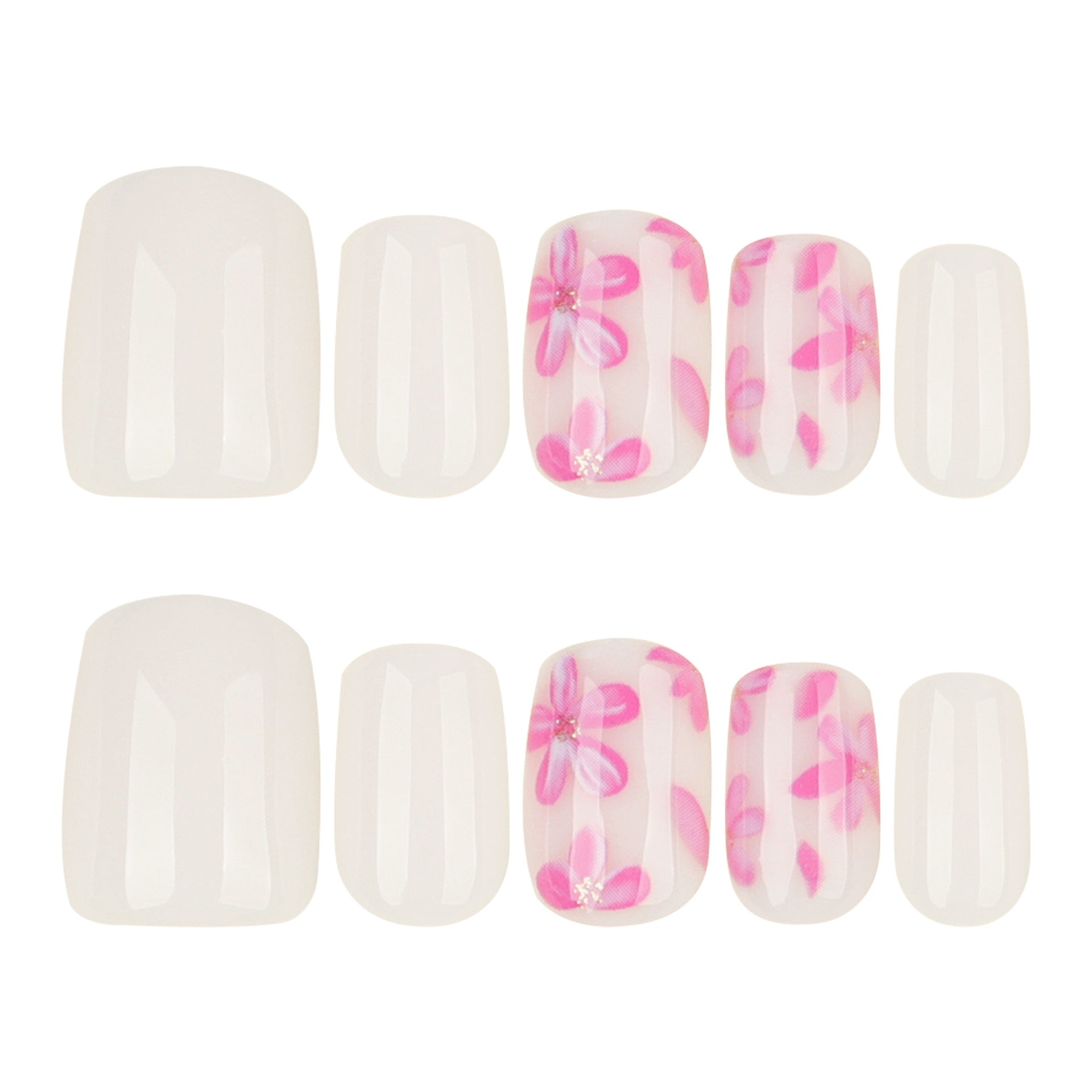 Short Square Floral Press-On Nails – Pink Flower Design, Feminine White