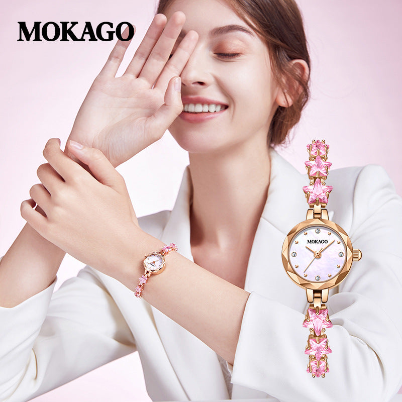 MOKAGO Luxury Women’s Crystal Bracelet Watch – Small Round Dial Quartz Timepiece