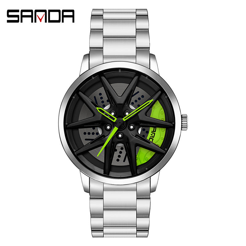 Sanda Men’s Quartz Watch – Wheel Dial, Stainless Steel Strap, Waterproof Sport Timepiece