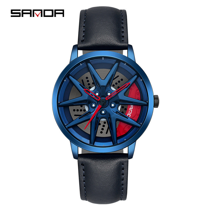 Sanda Men’s Quartz Watch – Wheel Series Dial, Leather Strap, Waterproof Timepiece