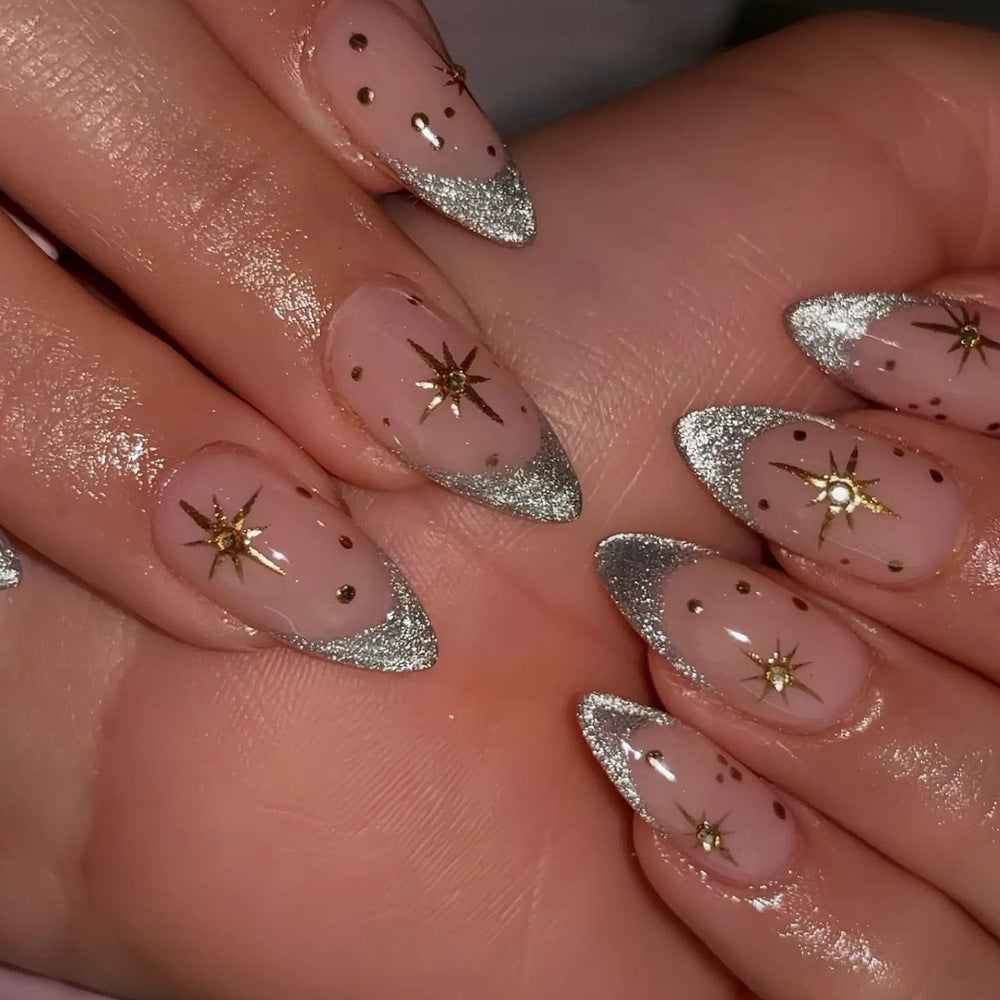 Cat Eye Press-On Nails – Metallic French Tip Stiletto Acrylic Nail Set with Starburst Design