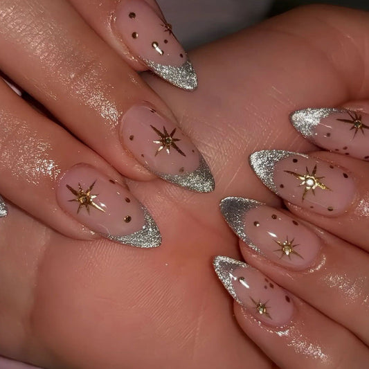 Cat Eye Press-On Nails – Metallic French Tip Stiletto Acrylic Nail Set with Starburst Design