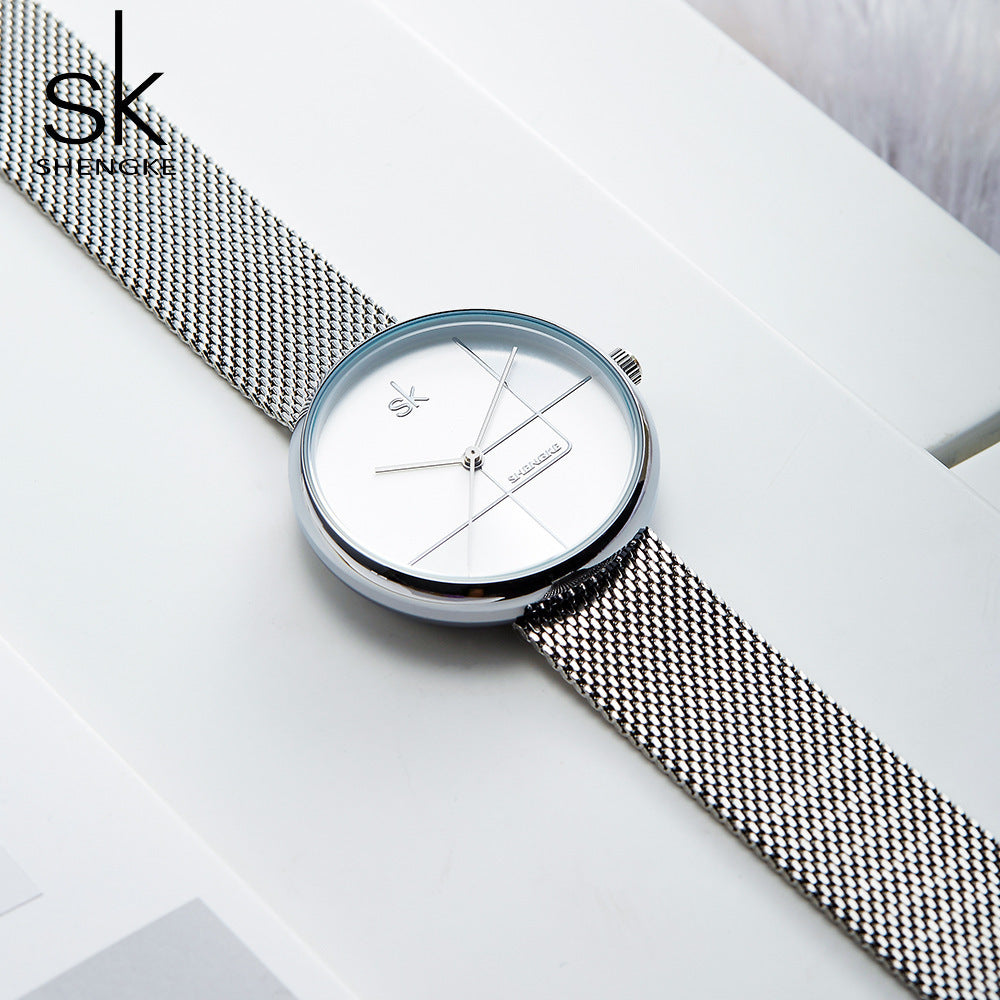 SK Women’s Quartz Watch – Stainless Steel Mesh Strap, Waterproof Fashion Wristwatch