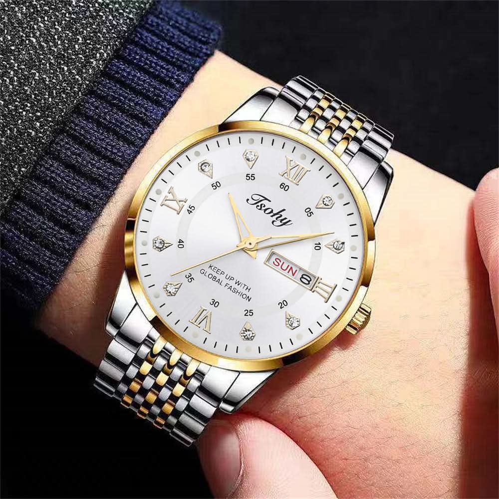 Men's Business Style Quartz Watch – Calendar & Week Display, Alloy Strap