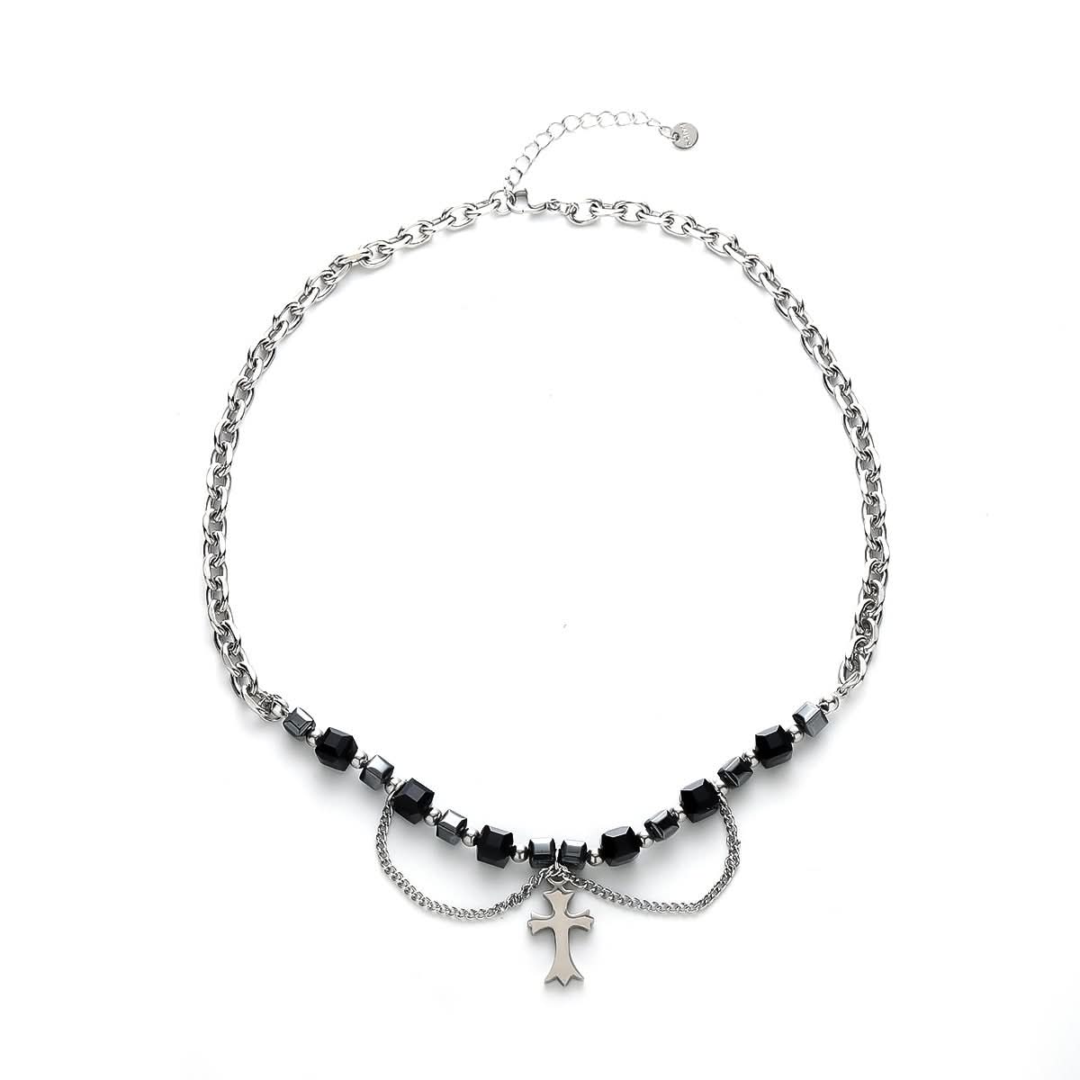 Men's Double Cross Necklace – Square Beaded Pendant