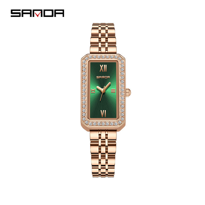SANDA Women's Quartz Watch – Retro Diamond-Accented Stainless Steel Band