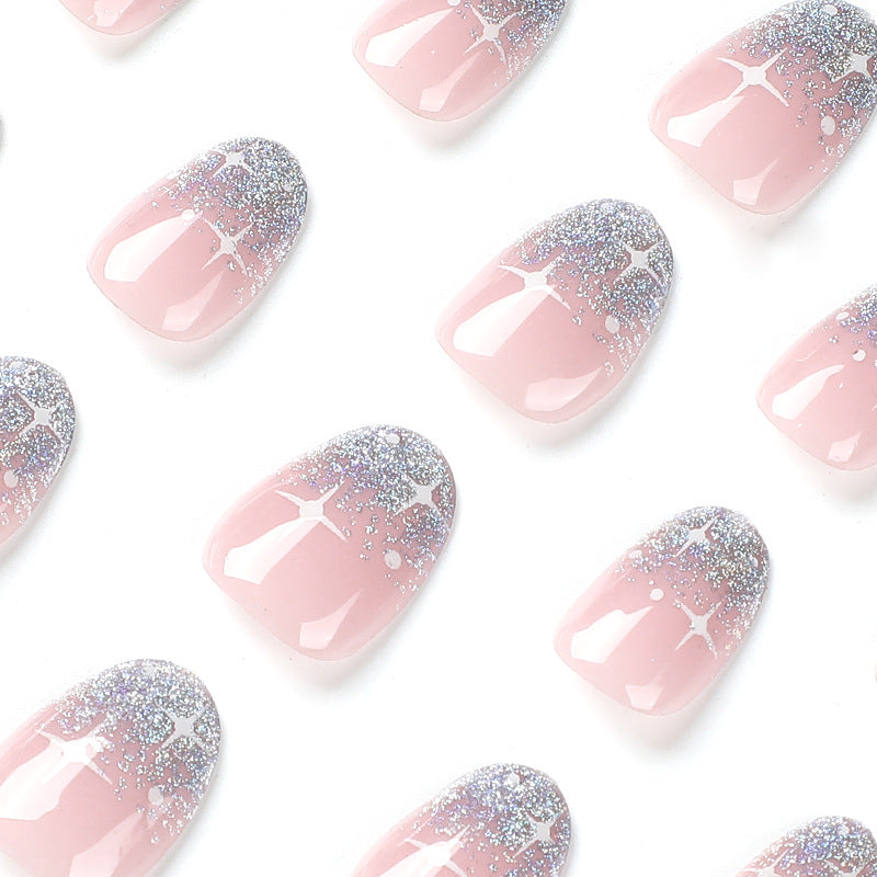 Sparkly Ombre Press-On Nails – Pink Silver Glitter Oval Set