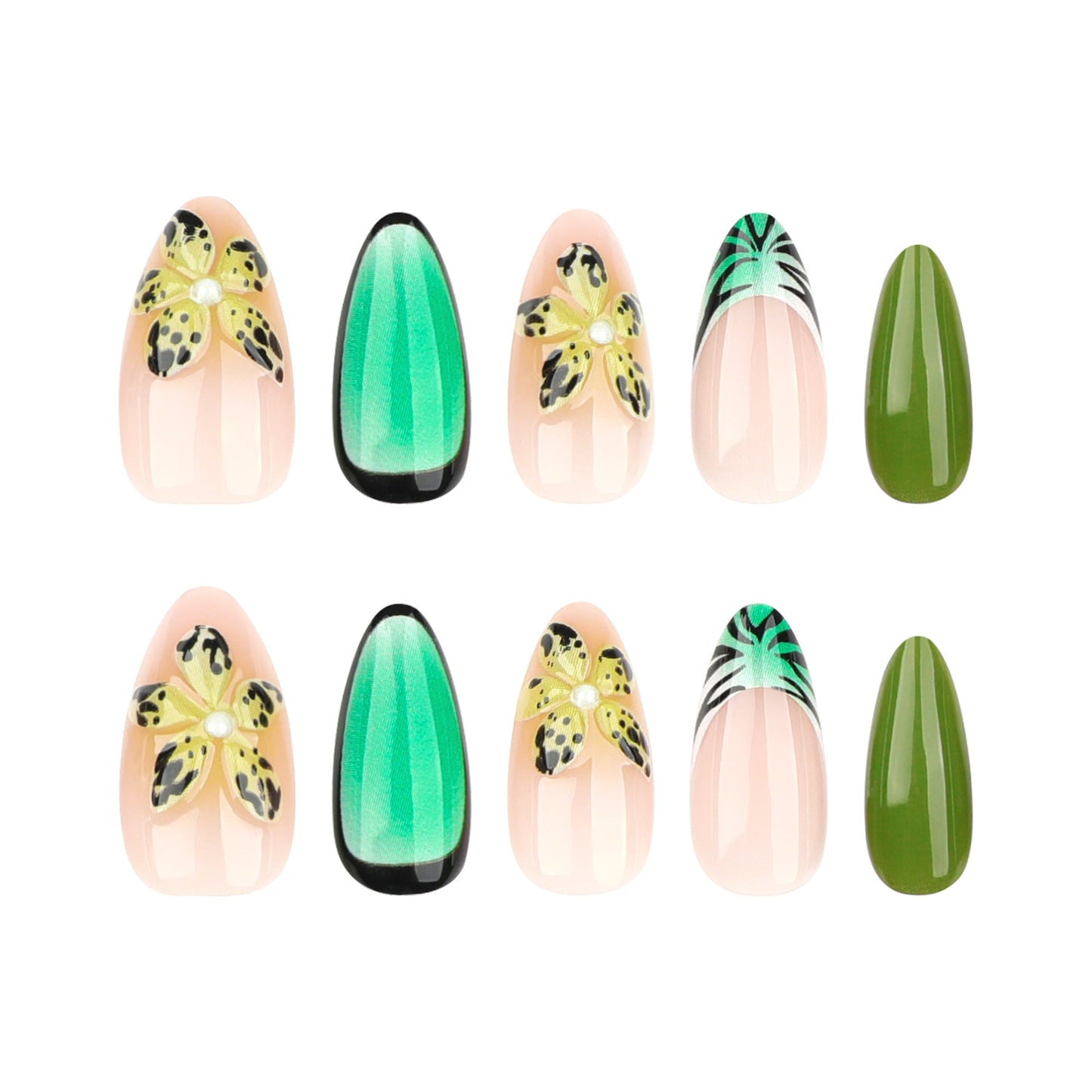 Tropical Floral Almond Press-On Nails – 3D Green Ombre Design, Glossy Finish