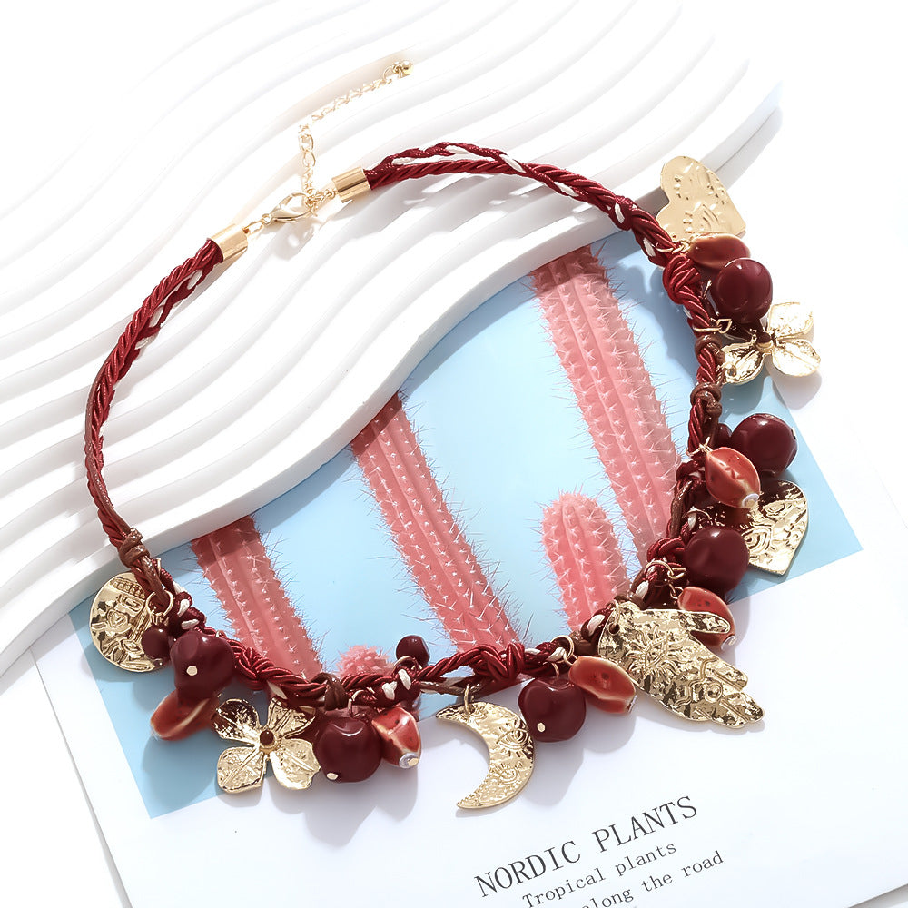 Handmade Multi-Layer Pendant Necklace – Heart & Moon Charm Alloy Rope Jewelry