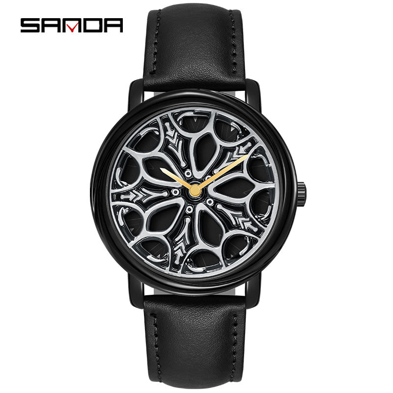 Sanda Men’s Leather Quartz Watch – Rotating Floral Dial, Casual Waterproof Timepiece
