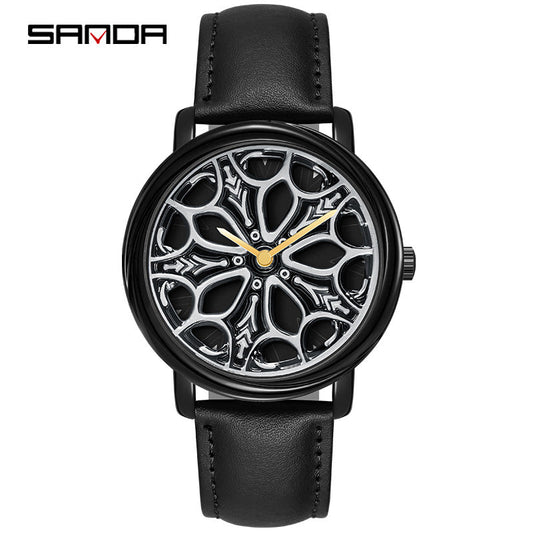 Sanda Men’s Leather Quartz Watch – Rotating Floral Dial, Casual Waterproof Timepiece