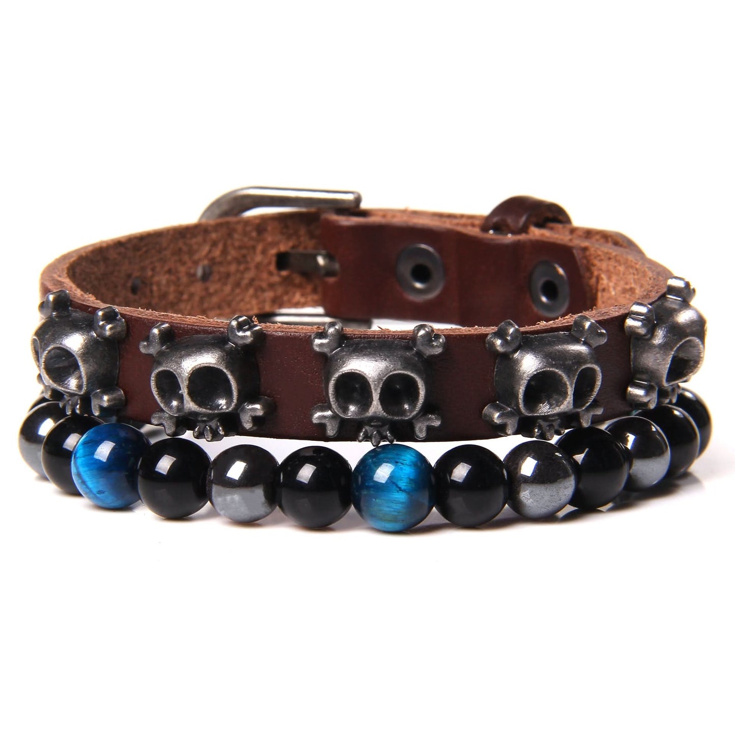 Unisex Tiger Eye & Agate Bead Bracelet – Punk Rock Rivet Design