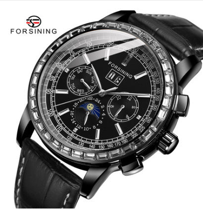 Men’s Rhinestone Mechanical Watch – Multifunction Semi-Automatic Timepiece