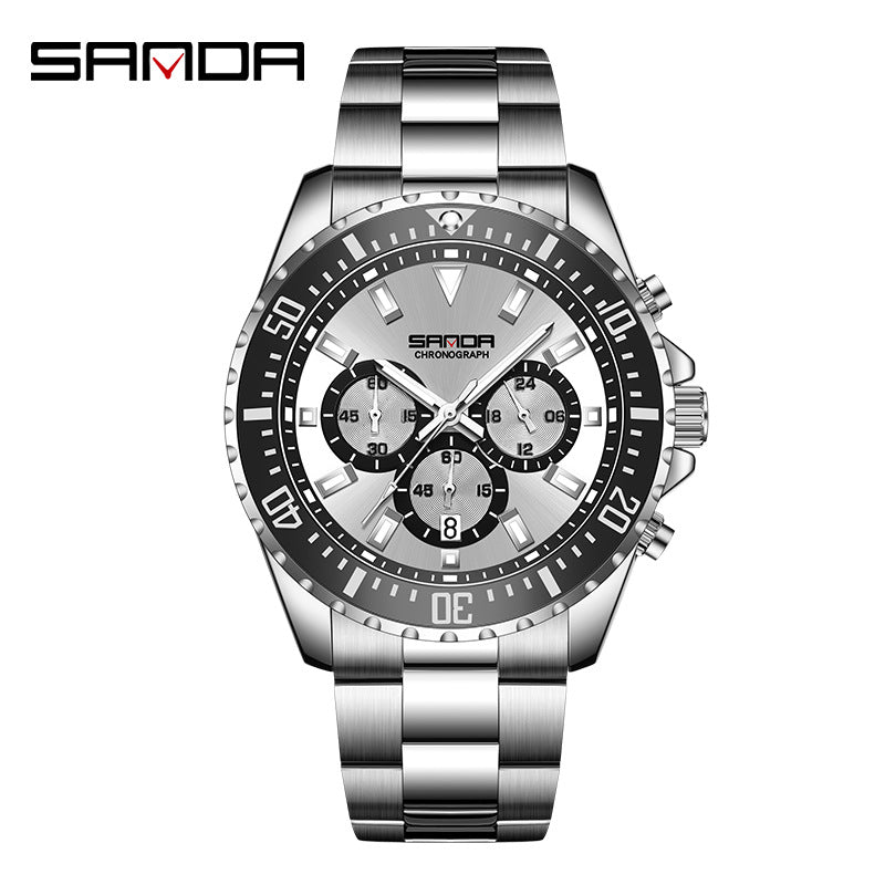 SANDA Men’s Classic Dial Quartz Watch – Luminous Waterproof Stainless Steel Wristwatch