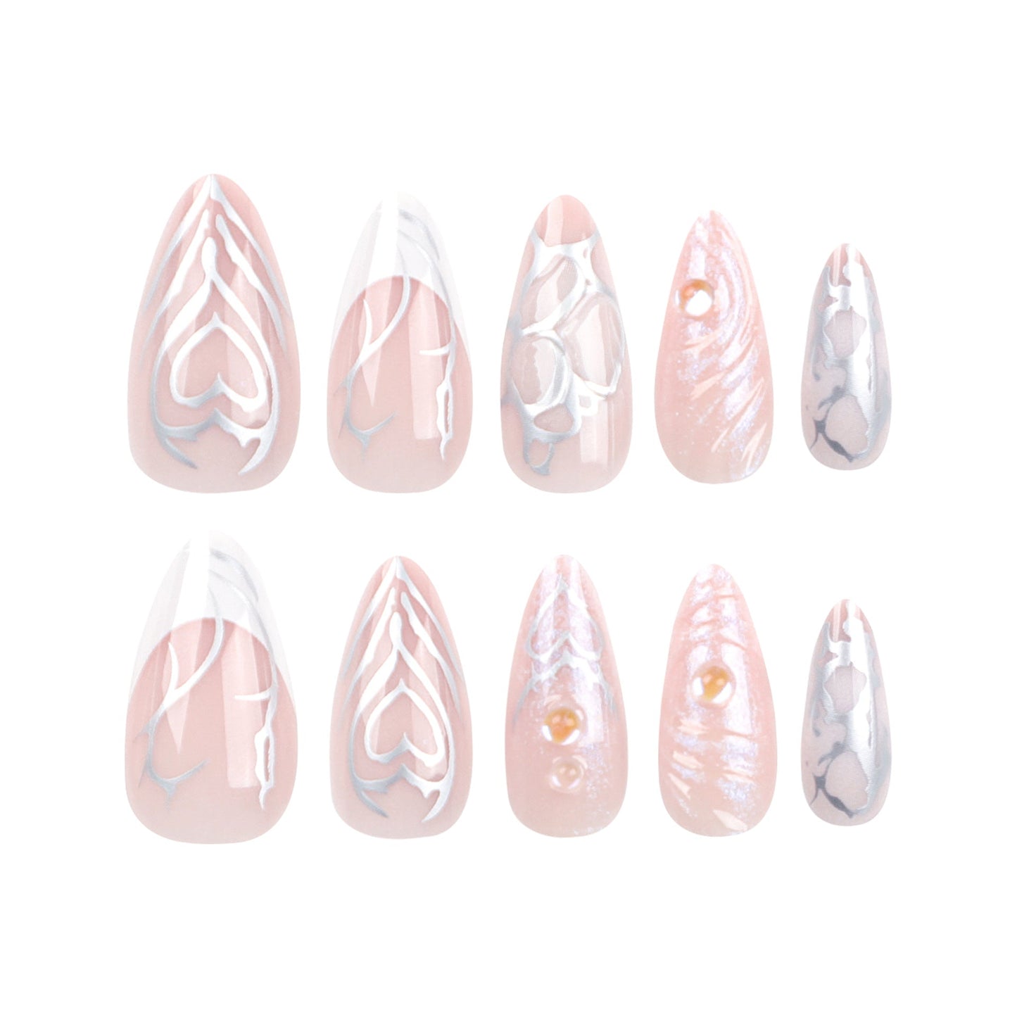 3D Chrome Heart Press-On Nails – Long Iridescent Almond Glue-On Set