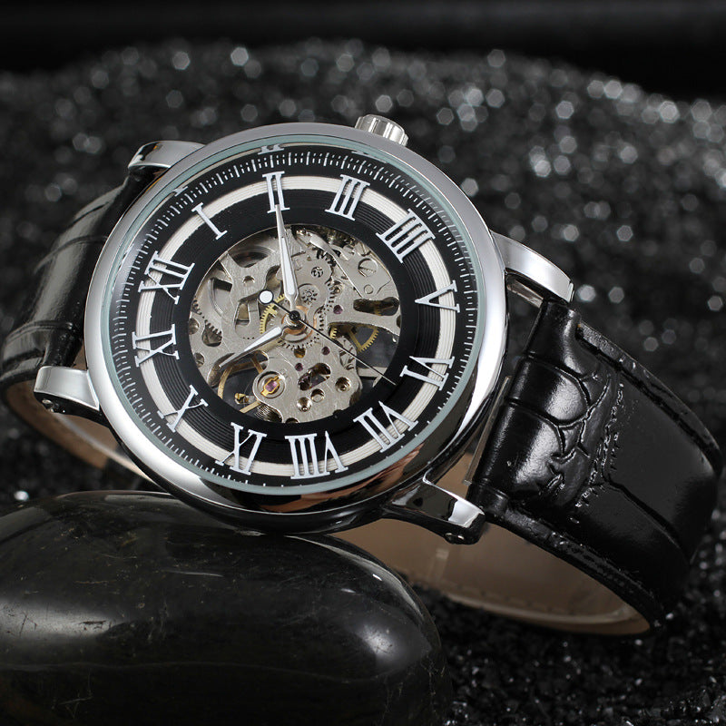 T-Winner Men’s Skeleton Mechanical Watch – Classic Roman Numerals, Leather Strap