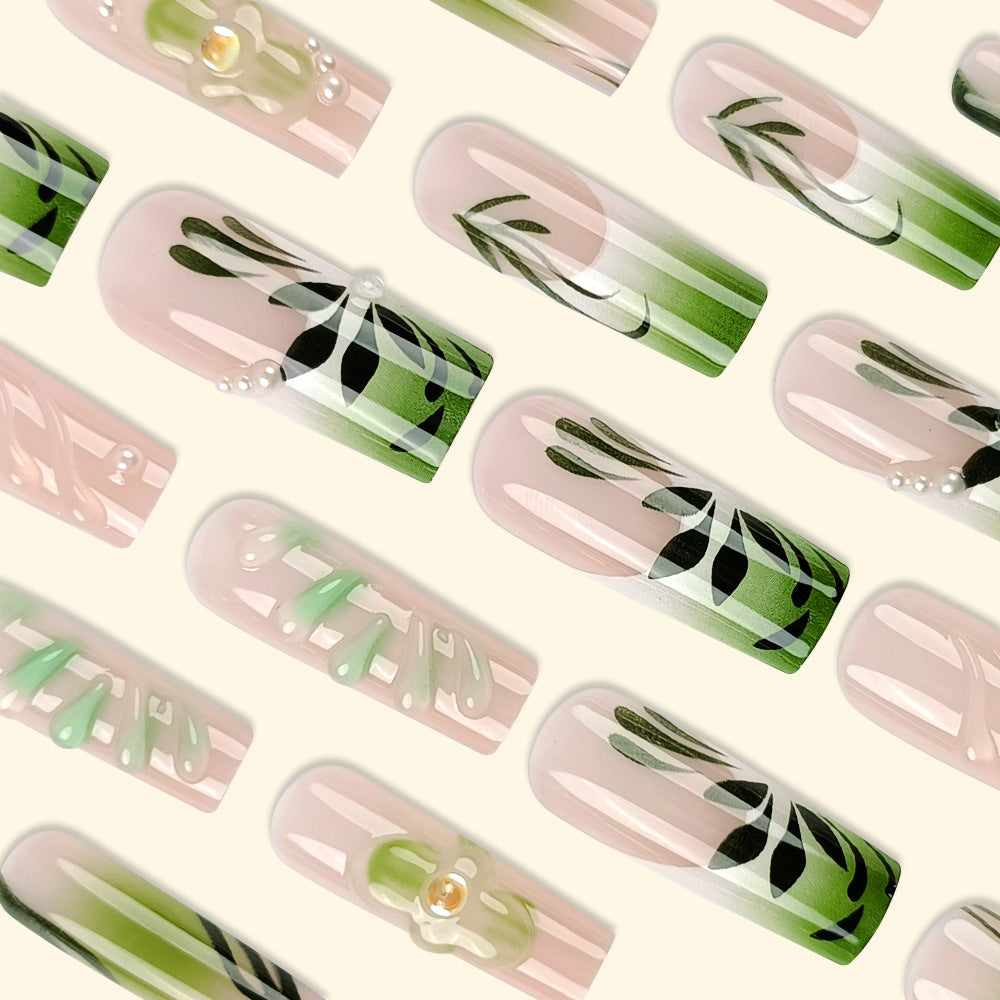 3D Floral Square Press-On Nails – Long Green & Nude Acrylic Tips