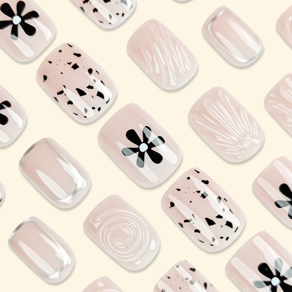 3D Floral Square Press-On Nails – Nude, Black & White Acrylic Tips with Swirl Design