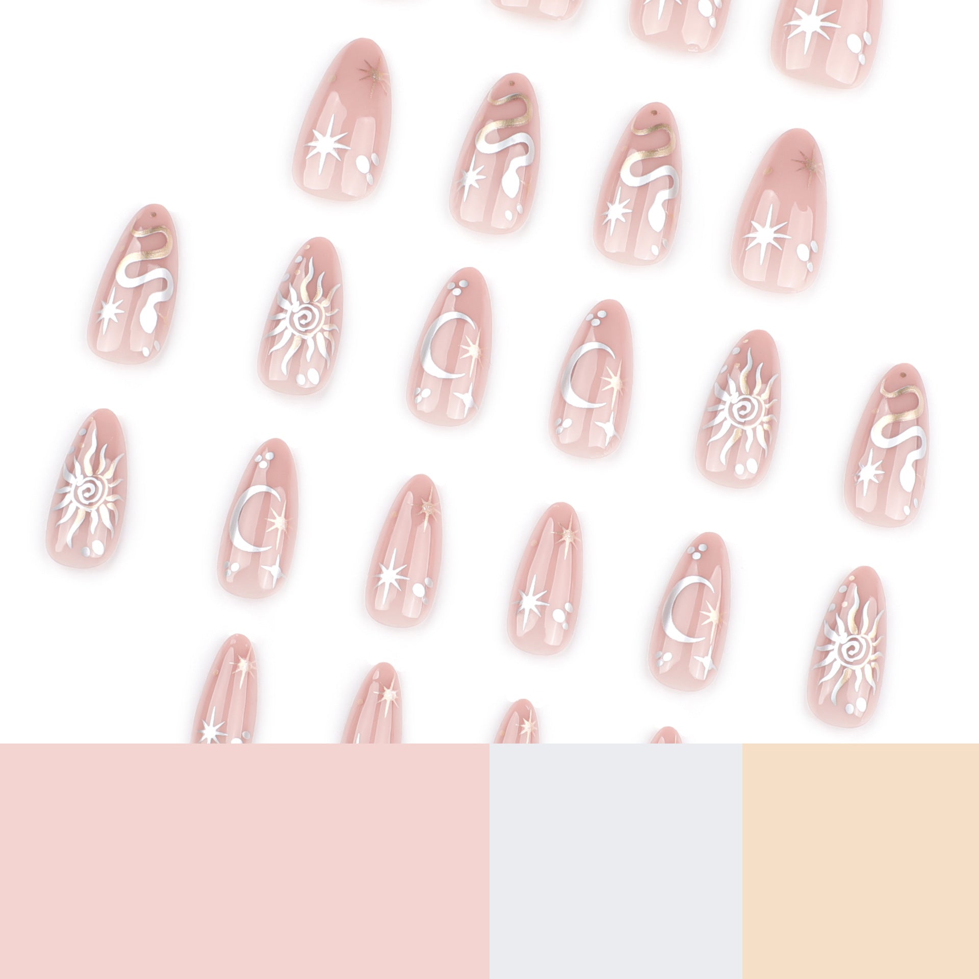 Mystical Almond Press-On Nails – Nude with 3D Metallic Sun, Moon & Star Accents