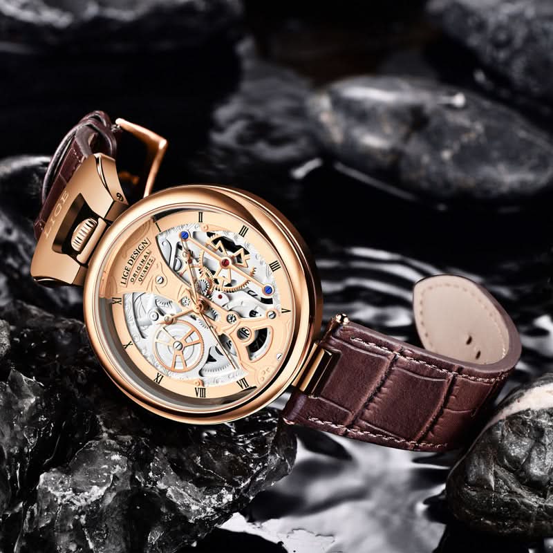 Men’s Hollow Dial Quartz Watch – Trendy Waterproof Leather Strap Timepiece
