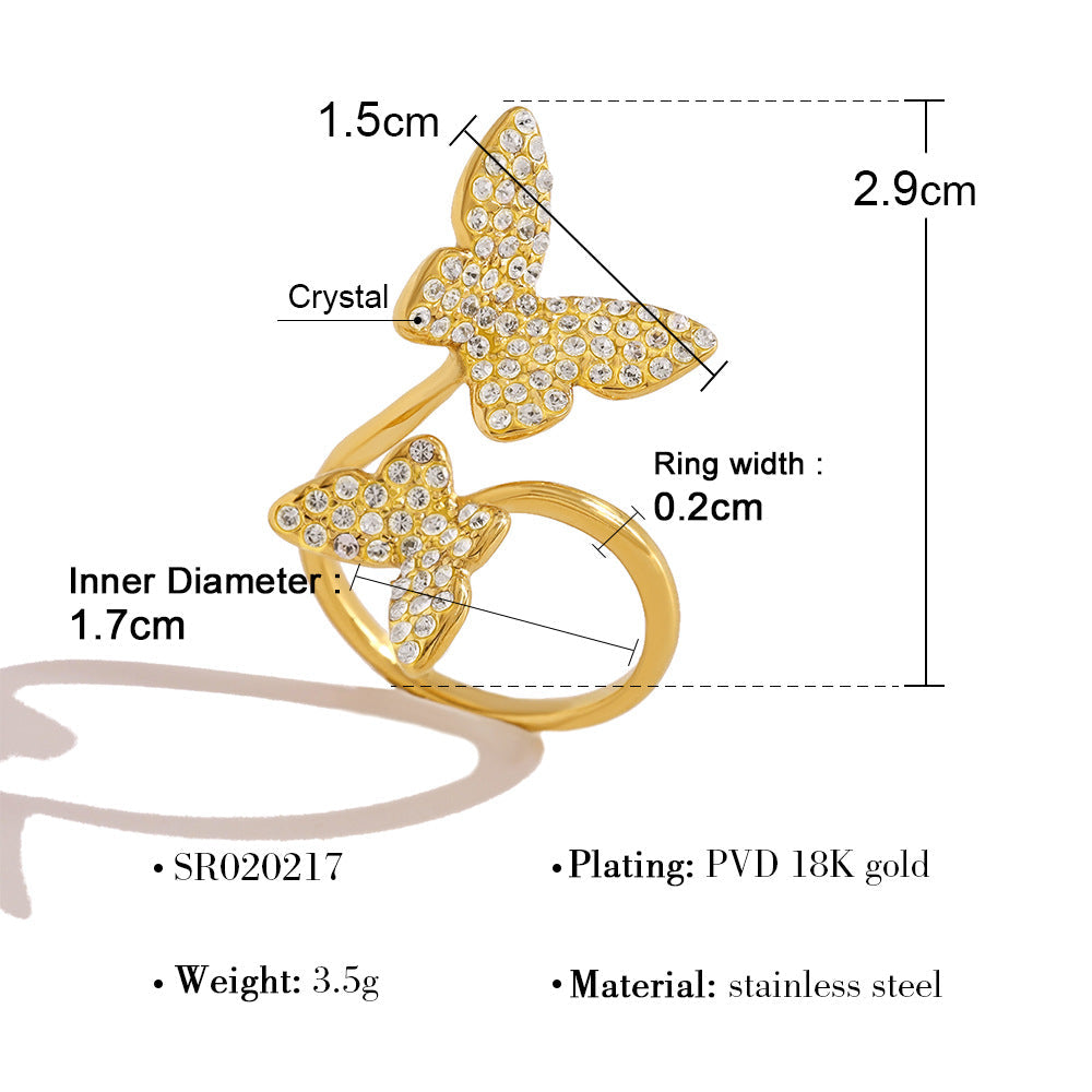 Double Butterfly Diamond Ring – Gold Titanium Steel Adjustable Luxury Jewelry