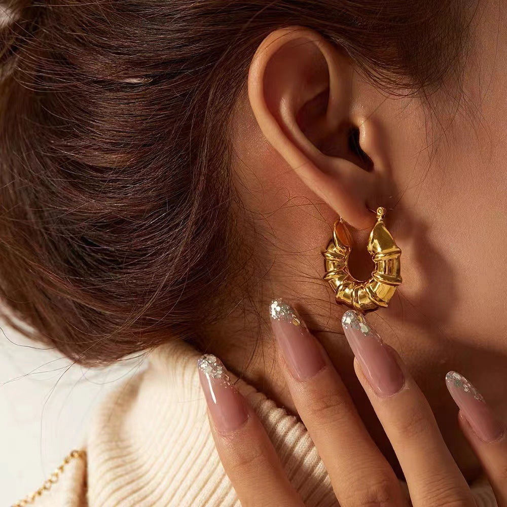 Chunky Retro Gold Hoop Earrings - Lightweight Stainless Steel Spiral Wrap Design