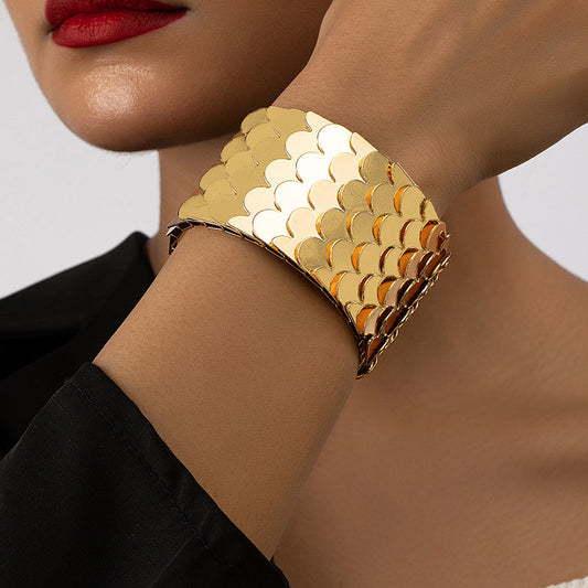 Gold Wide Cuff Bracelet for Women – Bold Fish Scale Design, Adjustable Alloy Jewelry