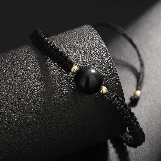 Hand-Woven Minimalist Obsidian Bracelet – Unisex Braided Cord
