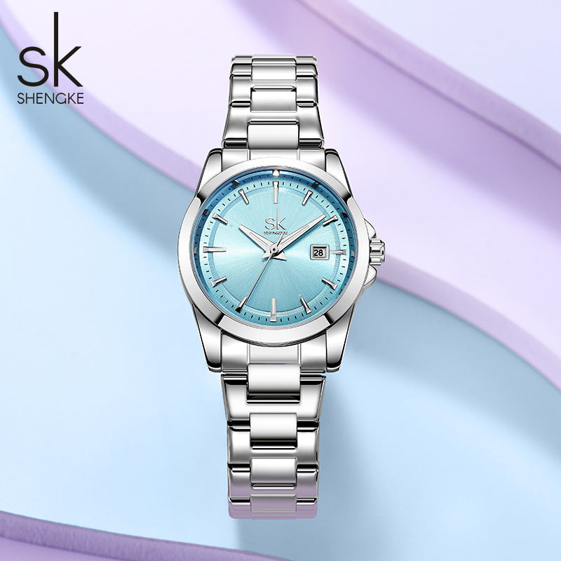 SK Women’s Stainless Steel Quartz Watch – Fashion Round Dial, Waterproof Wristwatch