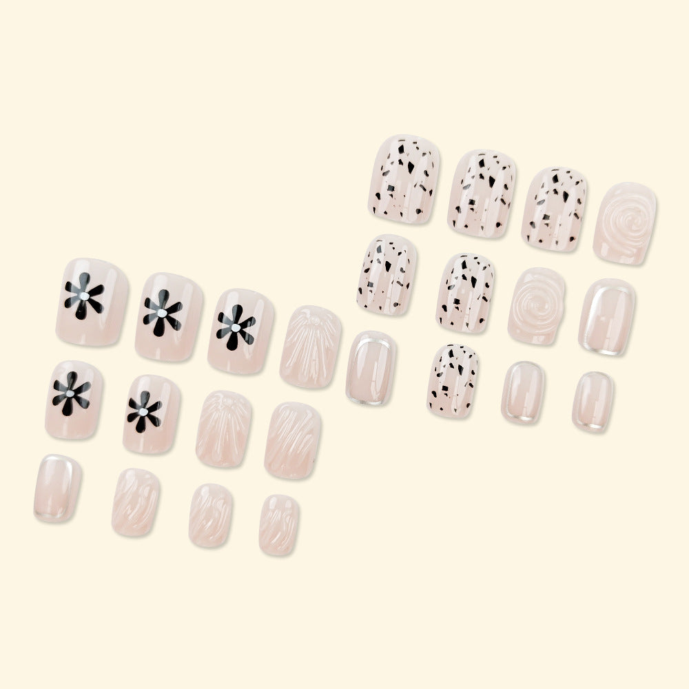 3D Floral Square Press-On Nails – Nude, Black & White Acrylic Tips with Swirl Design