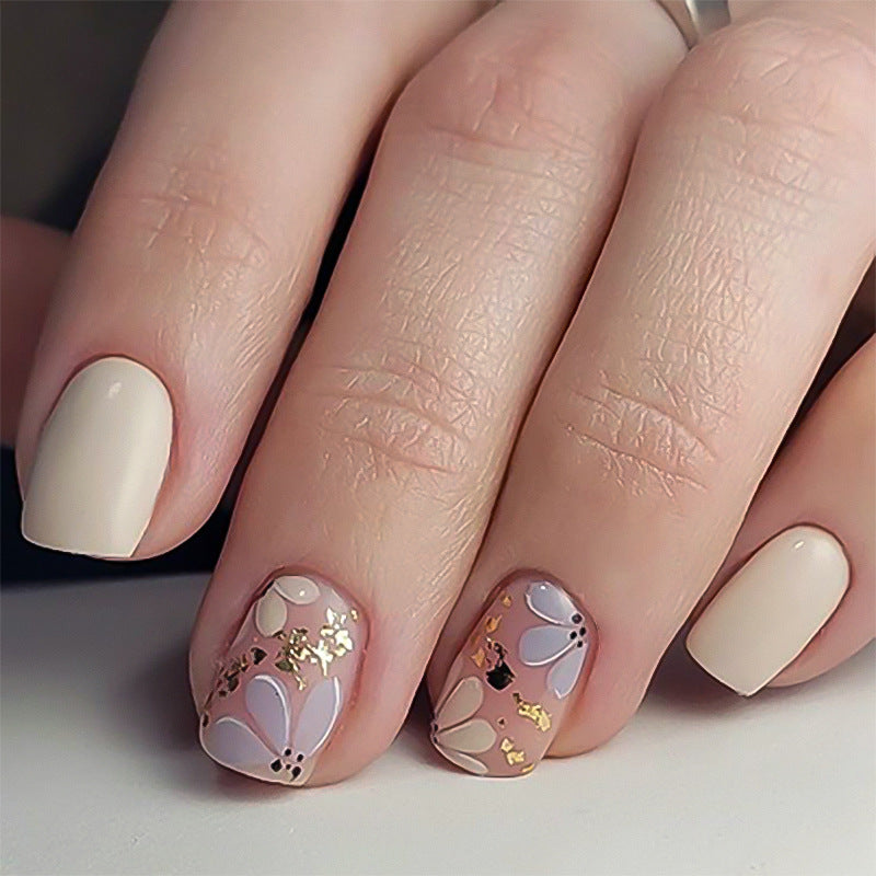 Floral Press-On Nails – Short Square Cream & Mauve with Gold Foil