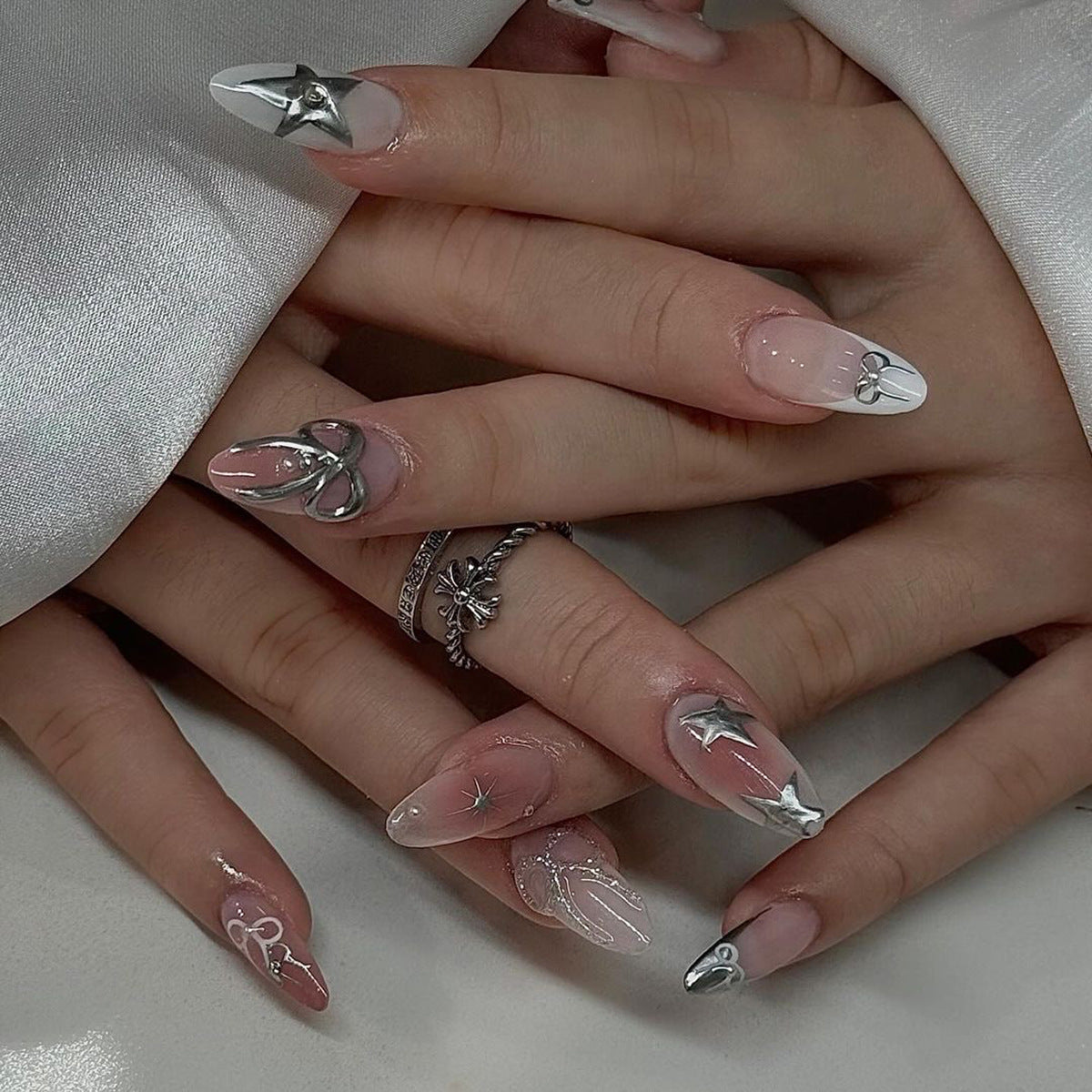 3D Pink Almond Press-On Nails with Stars & Bows – Glossy Metallic Acrylic Tips