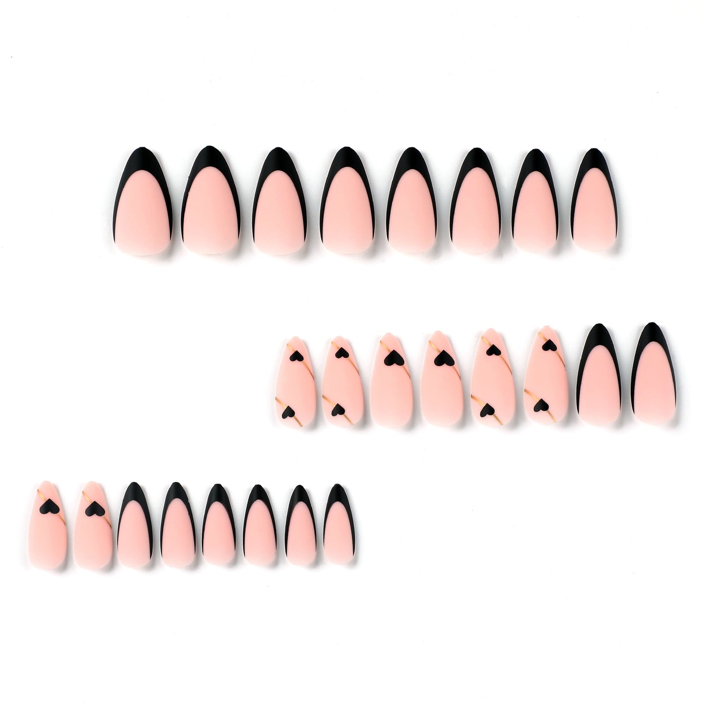 Long Stiletto Black French Tip Press-On Nails with Heart Accent – Glue On