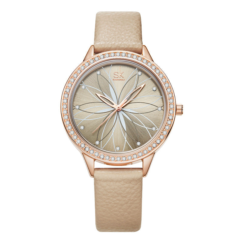 SK Fashion Women’s Quartz Watch – 30M Waterproof PU Strap, Sun Pattern Dial