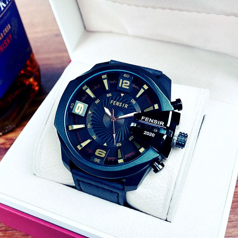 Men’s Oversized Quartz Watch with Calendar –Leather Strap Business Casual Timepiece