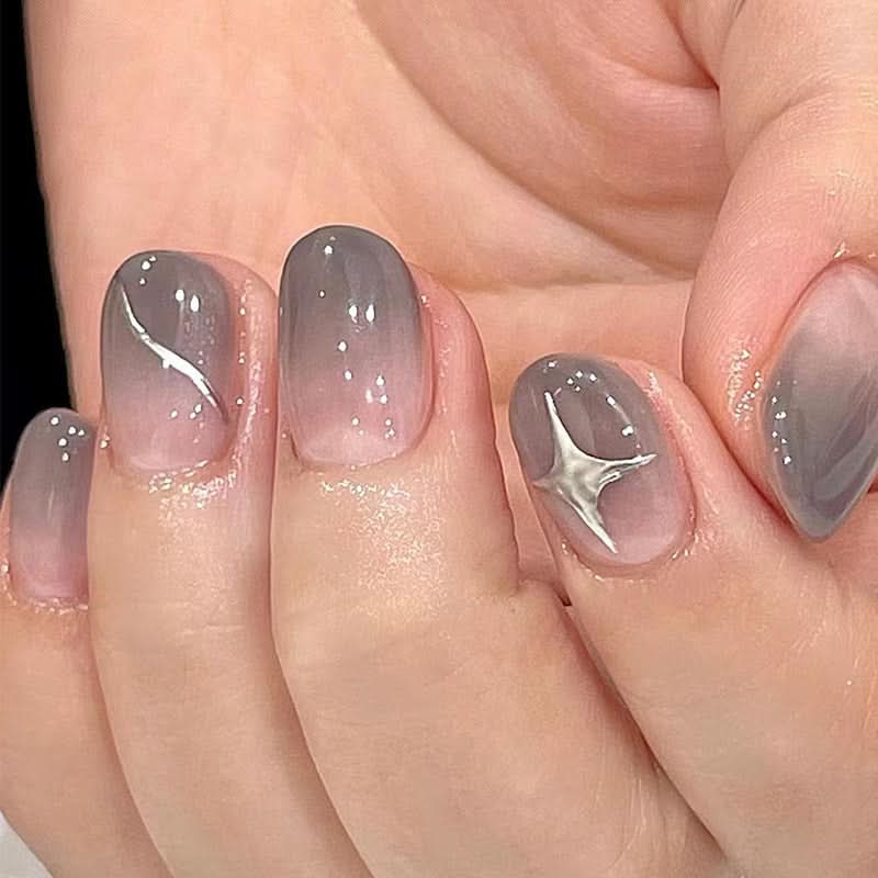 Nude Pink & Gray Gradient Press-On Nails – Short Oval, Glossy Star Design