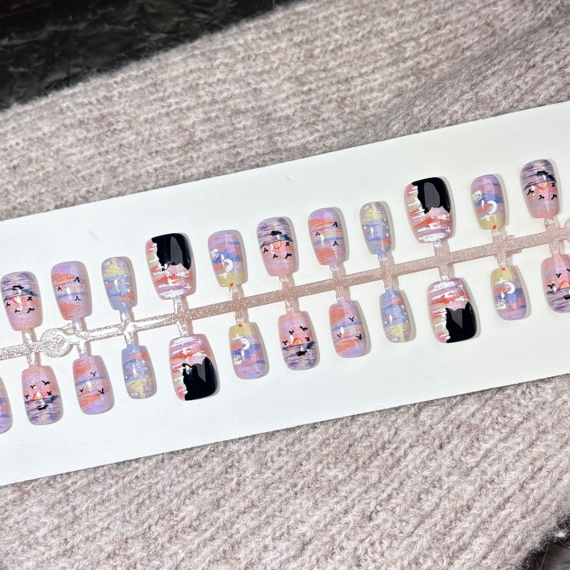 Artistic Sunset Cat Press-On Nails – Oval Gradient Pastel Acrylic Nails