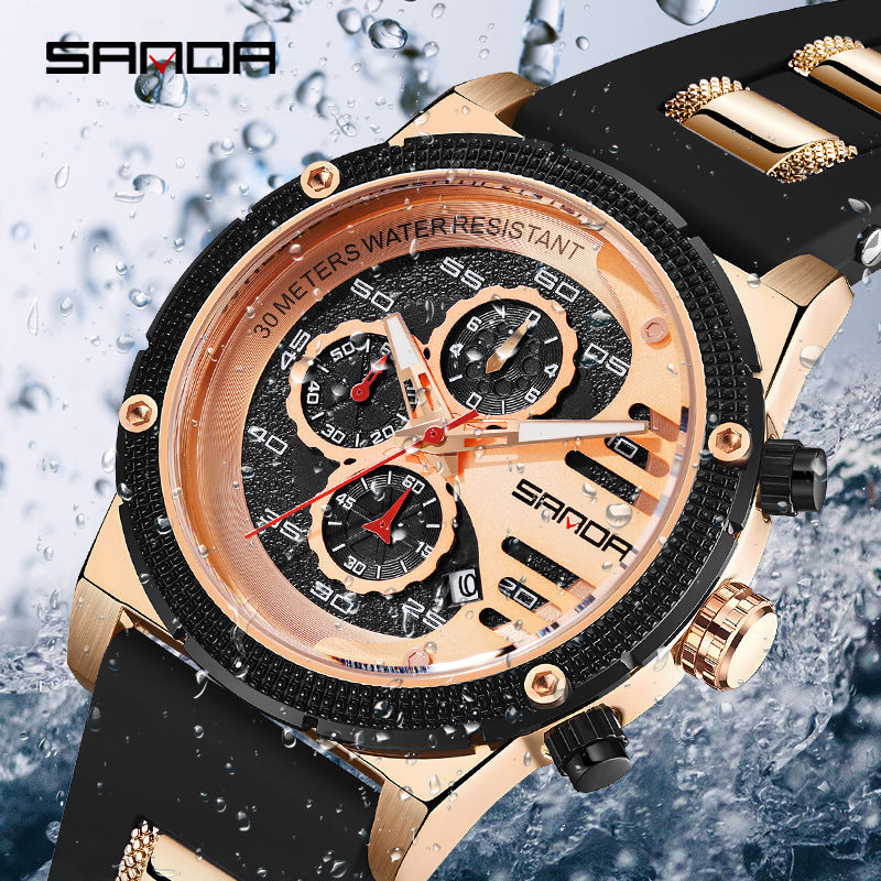 Sanda Men's Quartz Watch – Multi-Function Three-Eye Calendar Silicone Strap Waterproof
