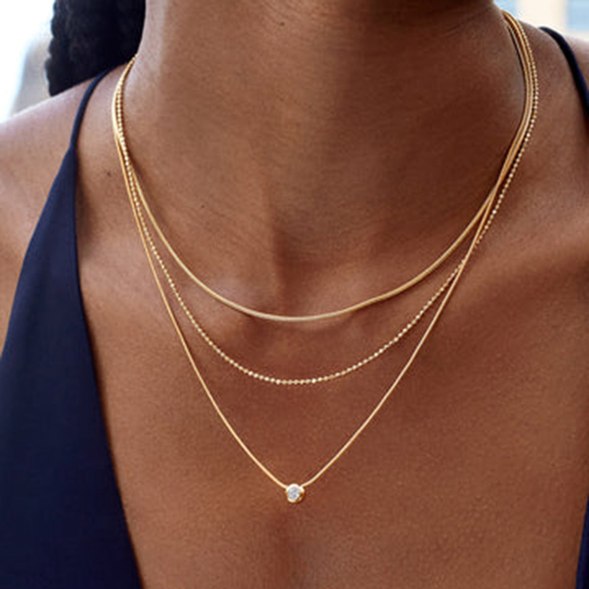 Gold Layered Rhinestone Pendant Necklace – Stainless Steel Triple Chain Jewelry