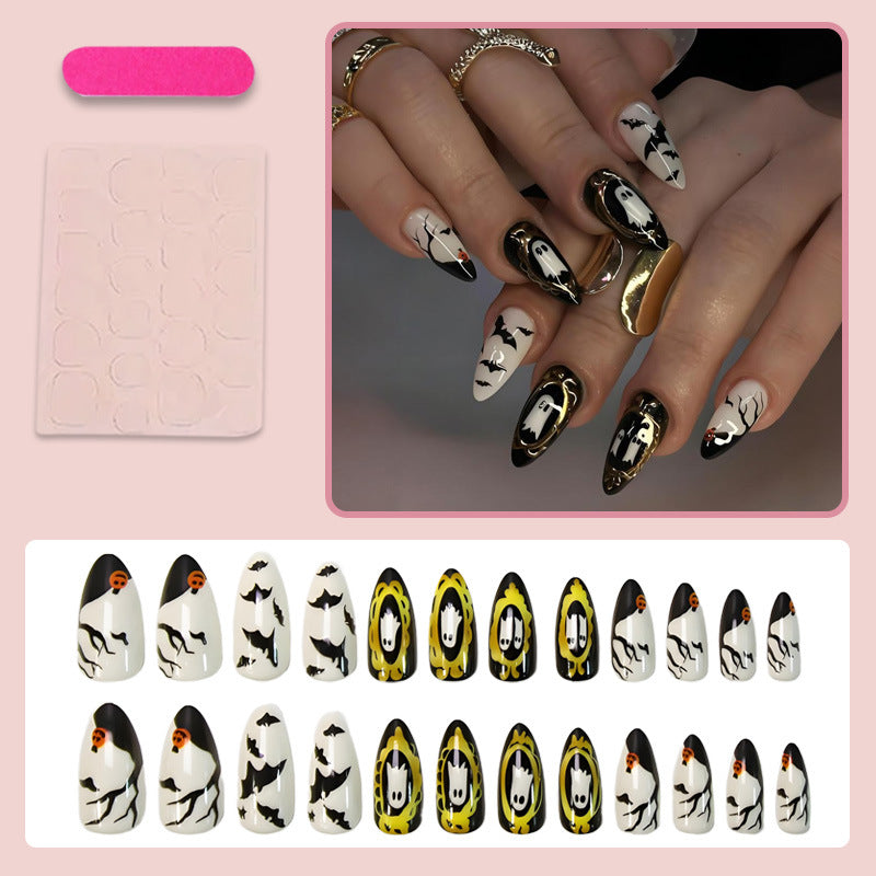 Halloween Ghost & Pumpkin Almond Press-On Nails – Spooky Bat Nail Art