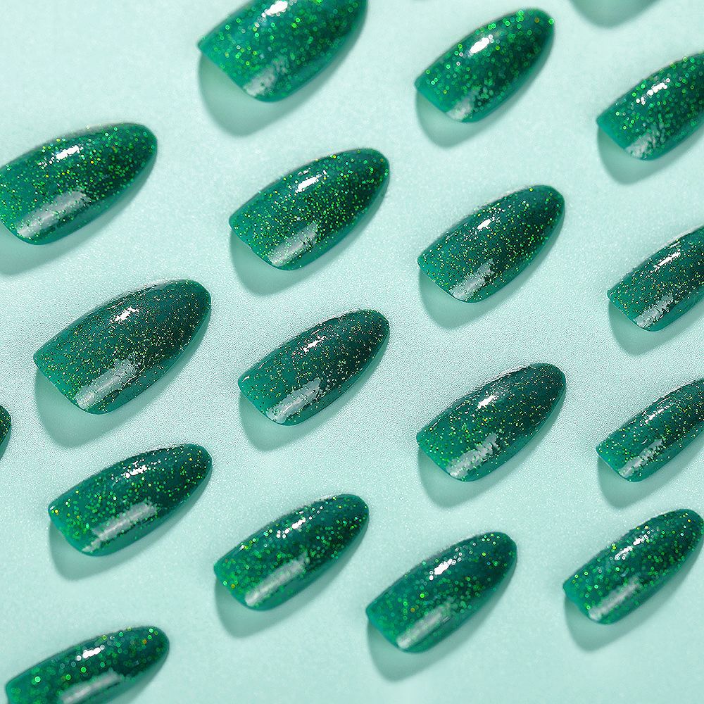 Emerald Green Glitter Press-On Nails – Oval Shape, UV Shine Finish, Reusable Nail Set