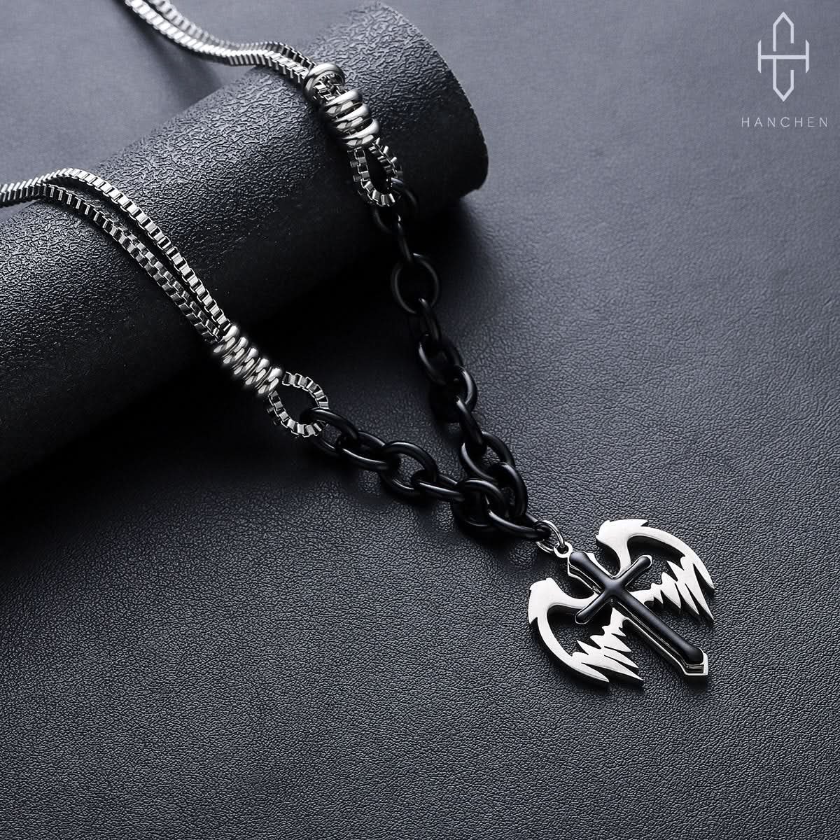Men’s Feather Cross Double-Layer Necklace – Hip-Hop Style