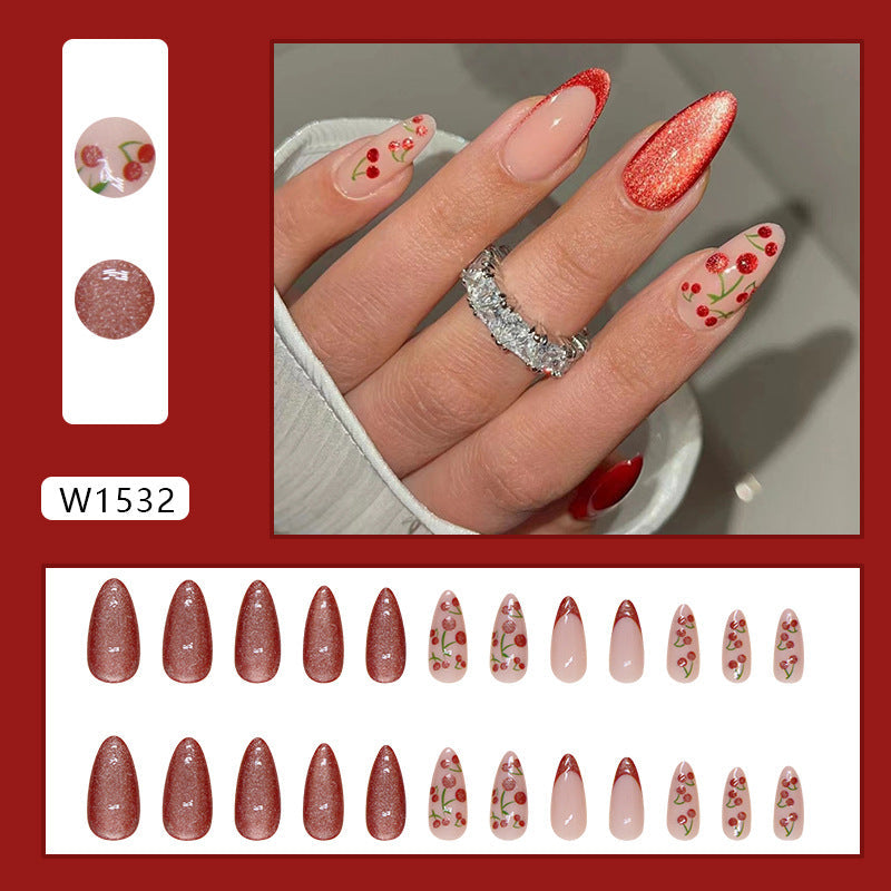 Cherry Red Cat Eye False Nails – Almond Shape, Wearable French Tips